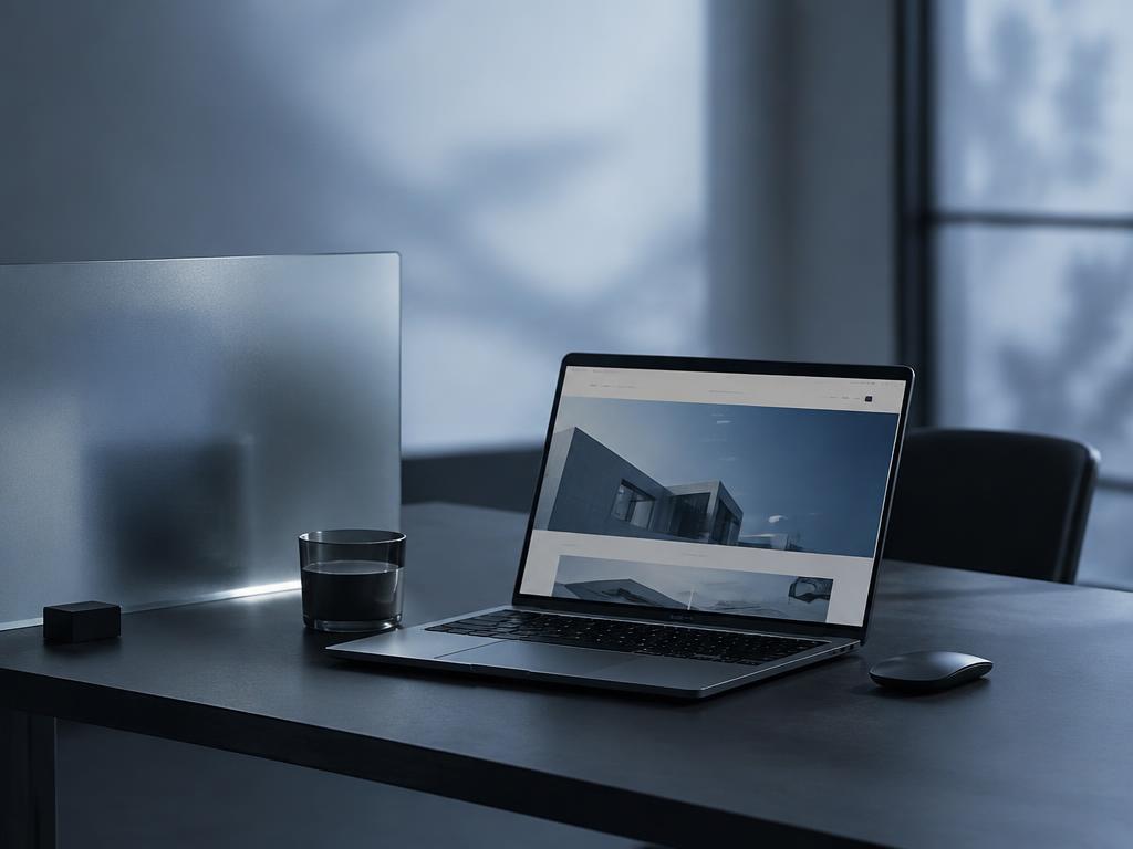 نمایش وب‌سایت استودیو معماری روی لپ‌تاپ در محیطی مینیمال